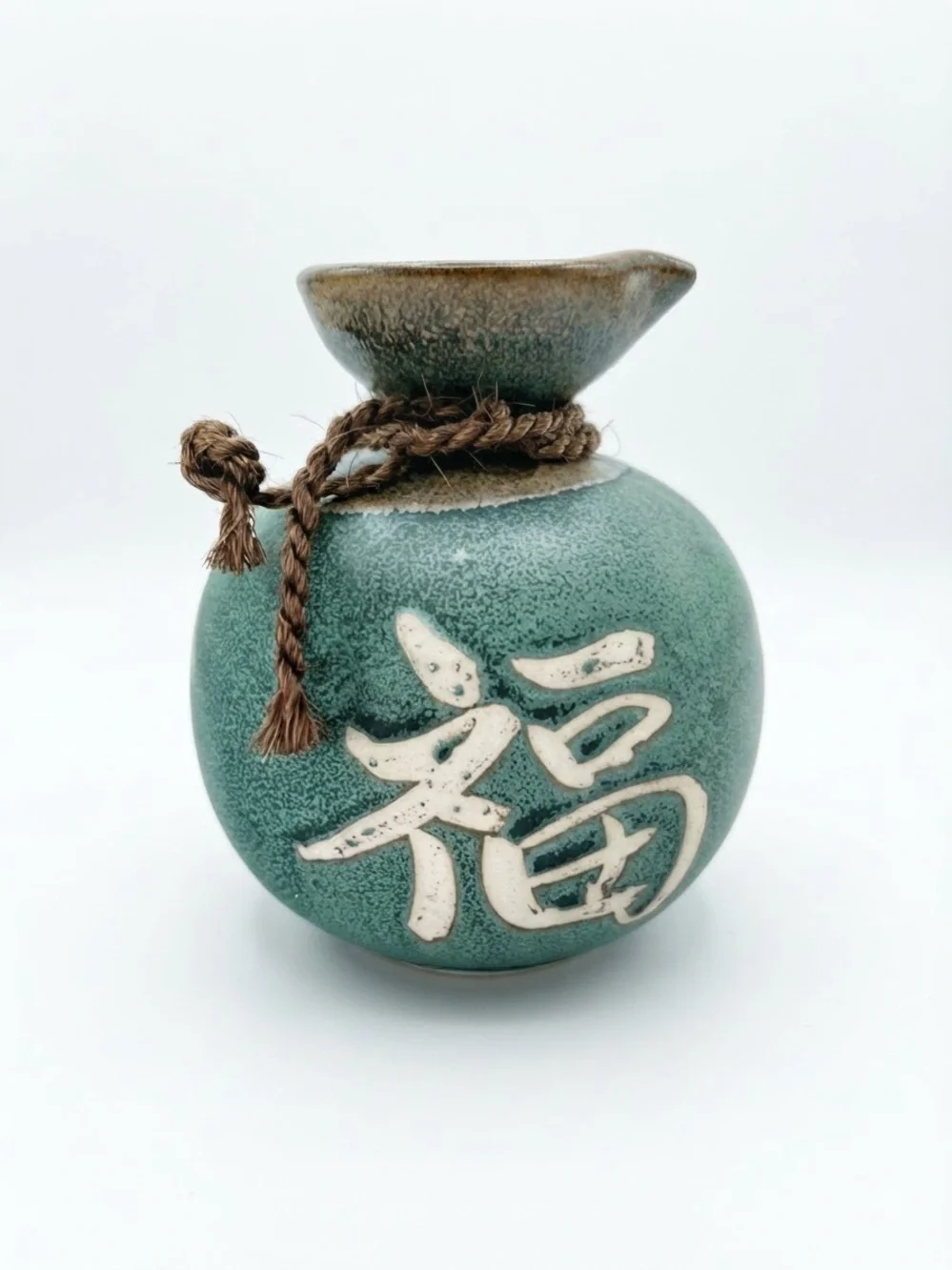 Vintage Japanese Ceramic Tokkuri Sake Flask Green Glaze Rope Accent 4.5